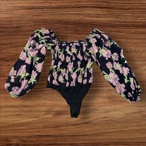 Intimately Free People Floral Bodysuit Smocked Long Sleeve‎ Top Boho Chic